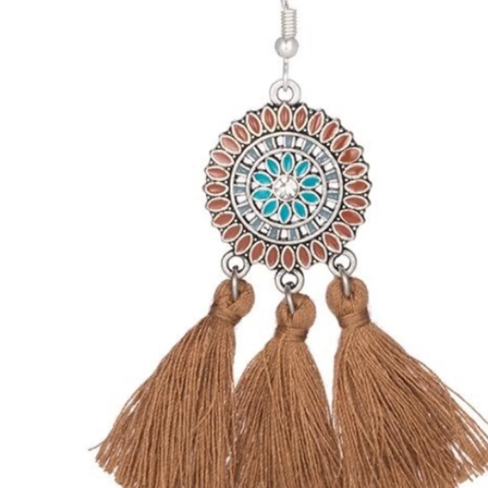 Rhinestone Sunflower Yarn Tassel Drop Earrings